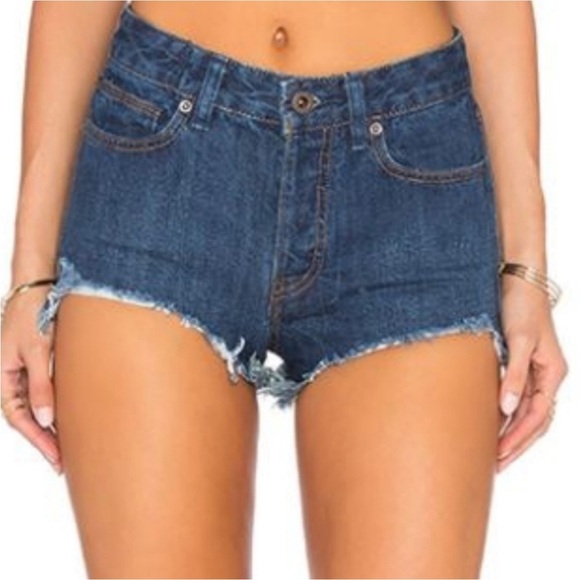 Free People Pants - Free people Logan dark wash denim blue distressed high waisted cut off shorts